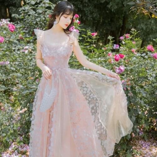 YUZACDWX Portrait Slash neck Backless Spaghetti Strap Mesh Dress Women Retro Star Embroidery Long Dress Vestidos Robes