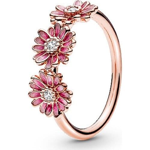 925 Sterling Silver Pan Ring Rose Pink Daisy Flower Trio With Crystal Rings For Women Wedding Party Gift Fashion Jewelry