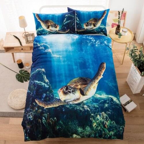 3 Pcs Microfiber Seaworld Bedding Set Pillowcase 3D Realistic Big Turtle Sea Ocean Creature Blue Duvet Cover Set boy kids