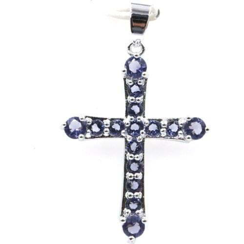 43X27mm Classic Cross Shape Created Iolite White Sapphire Womans Dating Silver Pendant