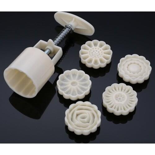 50g 3D Rose Flowers Mooncake Mold 1 Barrel+6 Stamps Set Hand Pressure Fondant Moon Cake Mould DIY Baking Accessories