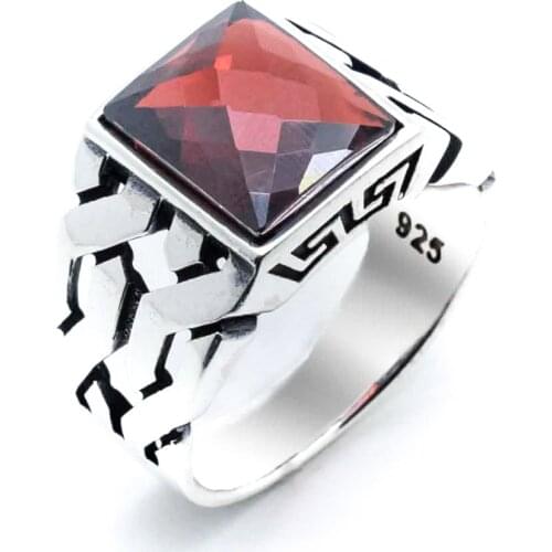 925 sterling Silver Red Zircon Stone Mesh Pattern Ring