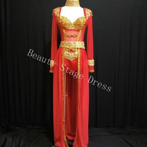 Sparkly Rhinestones Gold Sequins Bra Bodysuit Women Singer Stage Wear Red Clothes Set Birthday Celebrate Dance Party Outfit