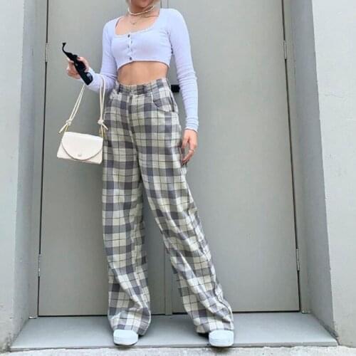Plaid Print Wide Leg Pant Casual Fashion Loose Vintage Harajuku Pants Summer High Elastic Waist Y2k Korean Women Straight Pant