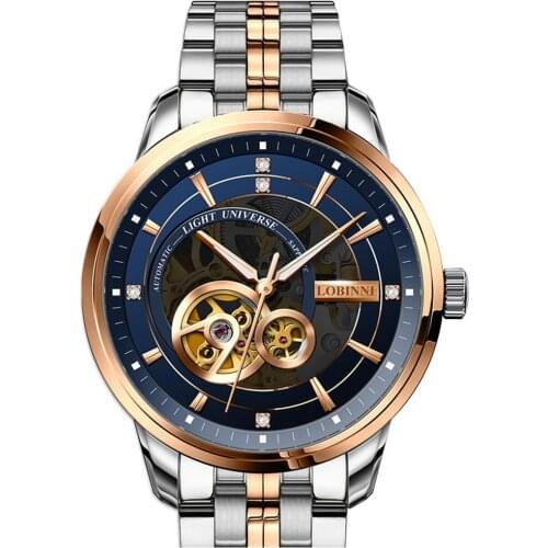 Automatic watches for men,luxury wrist watch LOBINNI mens self wind mechanical wristwatches skeleton Switzerland clock sapphire
