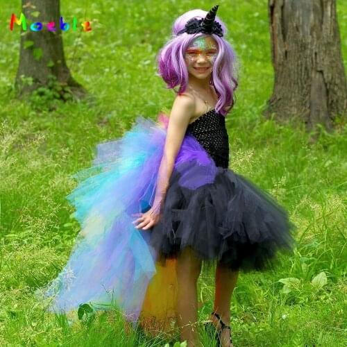 Black Unicorn tutu Dress with trailing Kids Halloween Easter Dresses Girls Cosplay Cartoon Tutu Dress Children Festival Costume