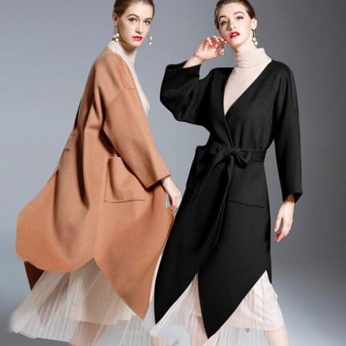 Long woolen blends cashmere coats for women 2019 autumn winter ladies jackets plus size overcoat coffee black irregular casual