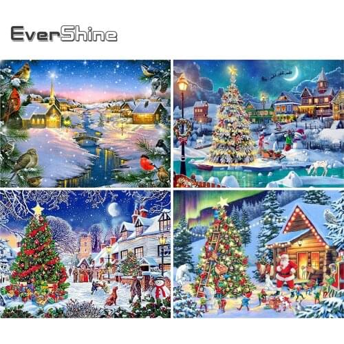 EverShine DIY Diamond Painting Winter Cross Stitch 5D Diamond Embroidery Christmas Tree Rhinestone Pictures Landscape Wall Art