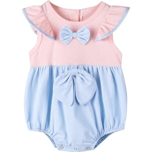 Clothes For Newborns Cotton Variegated Color Patchwork Round Collar Fly Sleeve Bow Romper Baby Girl Clothes 0-12M 2021 Summer