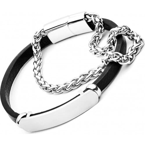 2021 Fashion Men Bracelet Steel Stainless Black Leather Charm First Class Trend Sports Jewelry Sexy Street Style Multi-Layer