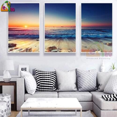 5D DIY Diamond Painting Sunset Landscape Sea View Full Drill Diamond Embroidery Cross Stitch Kit 3 Panel Mosaic Home Decoration