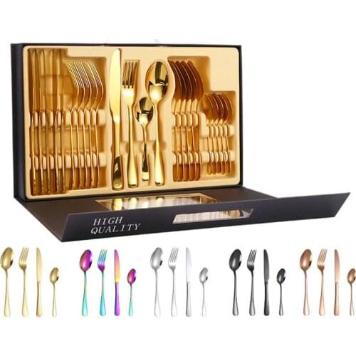 24PCS Gift-Pack Cutlery Tableware Set Black Golden Spoon Fork Dinnerware Kitchen Gadget Sets Stainless Steel Portable Utensils