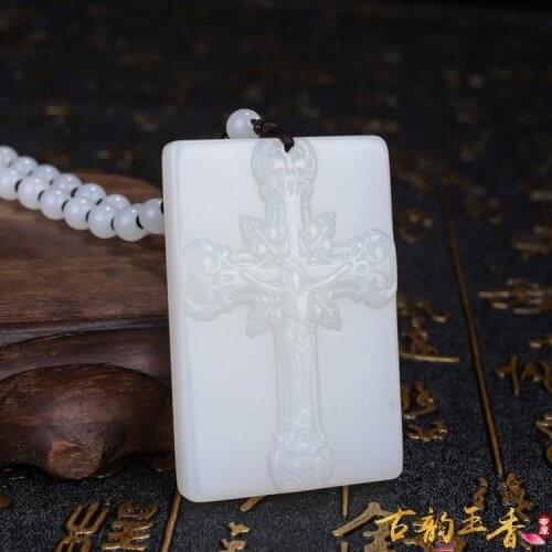 Natural White Jade Cross Pendant Jadeite Necklace Charm Jewellery Fashion Accessories Hand-Carved Man Luck Amulet Gifts