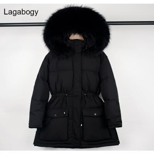 Lagabogy 2021 New Winter Women 90%White Duck Down Thick Parka Female Loose Warm Snow Coat Large Natural Fur Hooded Pocket Jacket