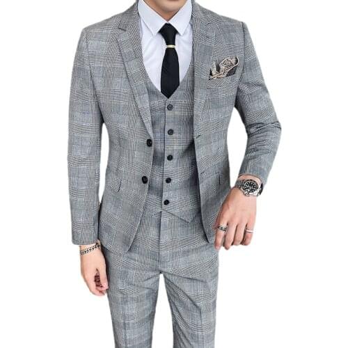 Jacket + Vest + Pants ) High-end Brand Boutique Check Formal Business Mens Suit 3 Pce Ste Groom Wedding Dress Stage Slim Suit