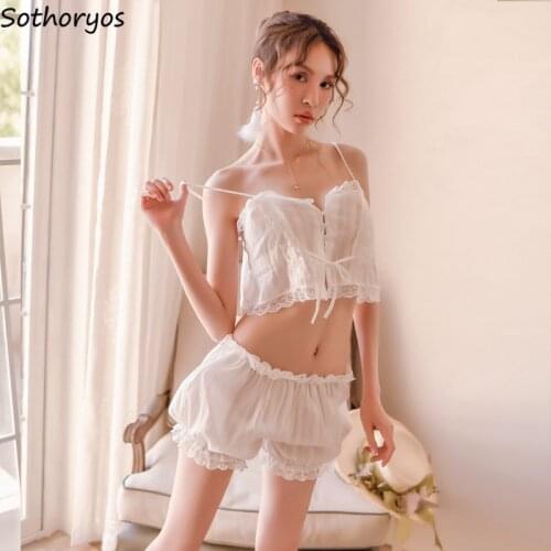 Pajama Sets Women Spaghetti Strap Lace Ruffles Sexy Sleepwear Drawstring Single-breasted Elegant White Femme 2pcs Pyjamas Simple