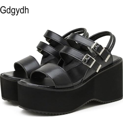 Gdgydh 2021 Summer Open Toe Platform Buckle Shoes Women Soft Leather Thick Sole Comfort Gothic Style Sandals Woman Chunky Heels