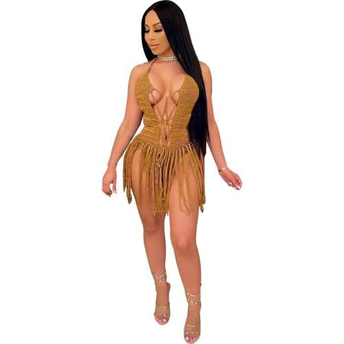 JRRY Sexy Women Knitted Dress Halter Backless Crochet Mini Dresses Hollow Out Bodycon Crocheted Beach Dress