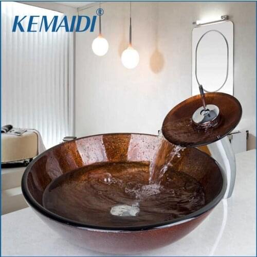 KEMAIDI Bathroom Washbasin Tempered Glass Hand-Painted Waterfall Lavatory Bath Combine Brass Set Faucet Mixers Taps Pop-up Drain