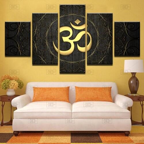 Modern Canvas Wall Art Home Decor For Living Room HD Prints Poster 5 Piece Buddha OM Yoga Painting Golden Symbol Pictures