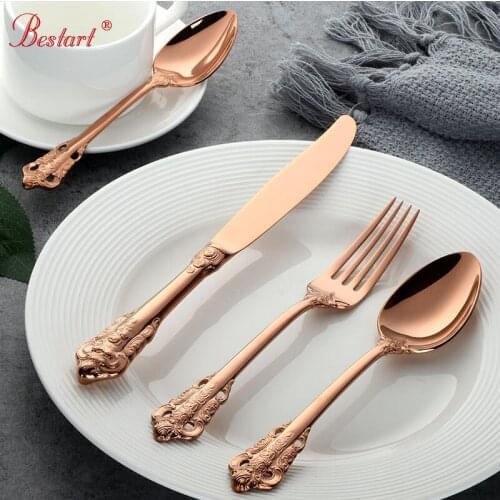 4 Pcs Cutlery Set Stainless steel Rose Gold Dinnerware Set Dinner Fork Knife Fork Home Kitchen Tablespoon
