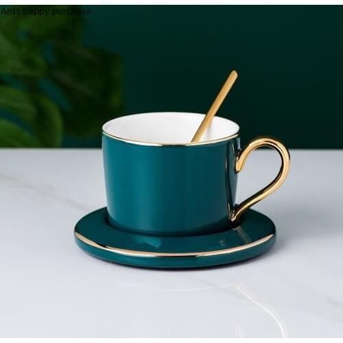 Dark Green Coffee Cup and Saucer Set Household Ceramic Tray Metal Shelf European Afternoon Tea Set Drinking Glass with Spoon