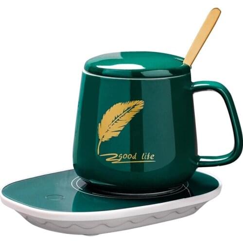 Thermostat 55 Degrees Warm Cup Heating Coaster Mug with Cover Spoon Heating Milk Coffee Cup Warmer Household