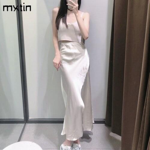MXTIN 2021 Women Summer Fashion Solid High Waist Silk Satin Midi Skirt Vintage Split Ladies Skirts Casual Chic Vestidos Mujer