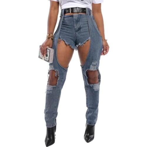 Women Spliced Jeans Fashion Knee Hole Tassel High Waist Skinny Distressed Jeans Female Sexy Hollow Out Party Club Pencil Pants