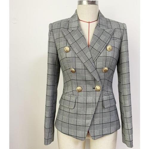 HIGH QUALITY Newest 2021 Designer Jacket Womens Classic Plaid Slim Fitting Double Breasted Lion Buttons Blazer