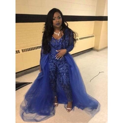 Sexy Royal Blue Jumpsuits Prom Dresses With Overskirts V Neck Long Sleeve Sequined Evening Gowns Plus Size African Pageant Pant