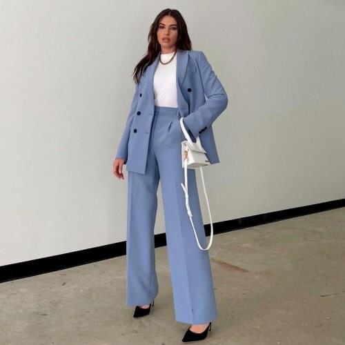 2021 Spring New Two-piece Set Suit Blue Double Breasted Blazer + Casual Straight Trousers Elegant Fashion Chic Womens Clothes