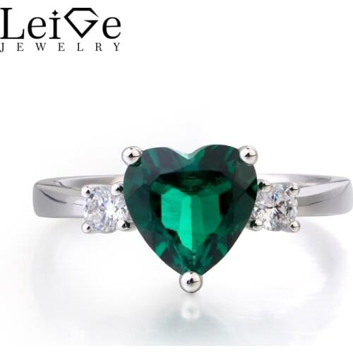 Leige Jewelry Wedding Ring Emerald Ring Green Gemstone Heart Cut Gemstone May Birthstone 925 Sterling Silver Ring for Women