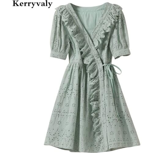 High Quality Sweet Ruffled Lace-up Summer White Lace Dress Vestidos Mujer Verano 2021 Female A- Line Women Party Dress K9940