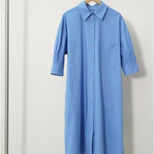 Women Single Breasted Shirt Dress Straight Turn-Down Collar Simple 2021 New Summer Two Colors Lady OL Mini Robe