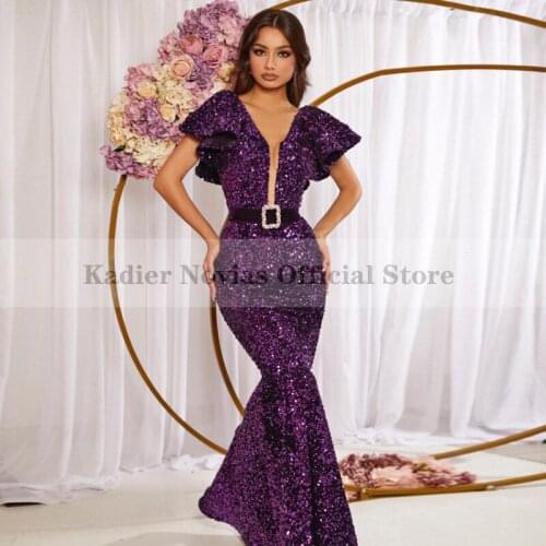Long Mermaid Purple Evening Dresses 2021 Arabic V Neck Sequin Prom Party Dress vestidos de noche vestidos de fiesta