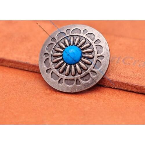 10 Sets 30MM Retro Silver Daisy Flower Turquoise Conchos for DIY Leathercraft Western Luggage Bag Wallet Decor