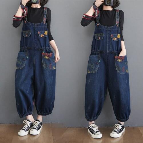 2021 Spring Summer Denim Jumpsuits Women Loose Pockets Harem Pants Suspenders Strap Botanical Printed Jeans Overalls Rompers