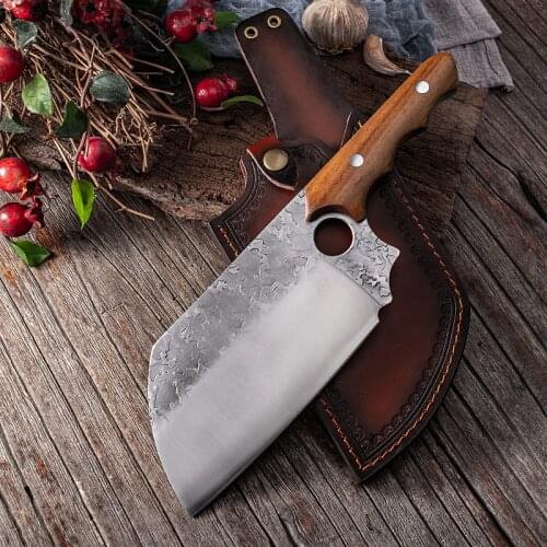 6" Forged Chef Knife High Carbon Clad Stainless Steel Chinese Kitchen Knife Meat Vegetables Butcher Slicing Knife with Sheath