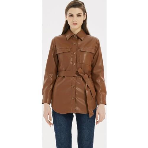 Brand Faux Leather Jackets Women Long Sleeve Tie Belt Waist Streetwear Coats Ladies 2021 Fashion PU Leather Shirt Jacket Tops