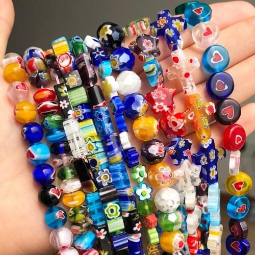 Flower Patterns Millefiori Lampwork Glass Beads Love Heart Rhombus Cube Star Loose Bead for Jewelry Bracelet Earrings DIY Making