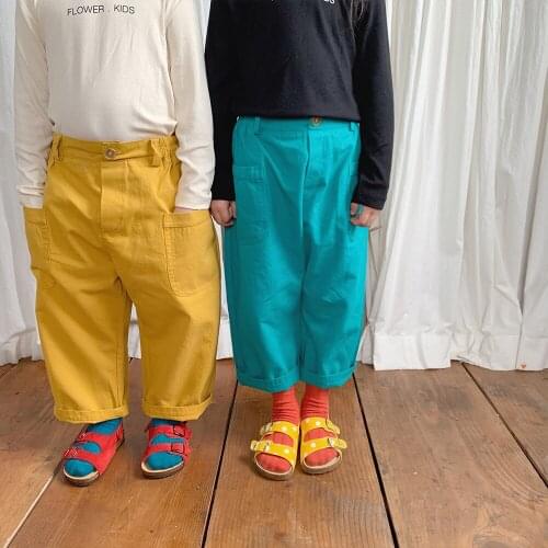 Childrens pocket pants autumn 2021 new Korean girls' pure color casual pants kids clothes girls leggings