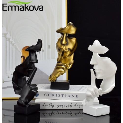 ERMAKOVA Thinker Statues Silence is Gold Figurines Resin Retro Home Decor for Office Gifts Living Room Abstract Face Sculptures