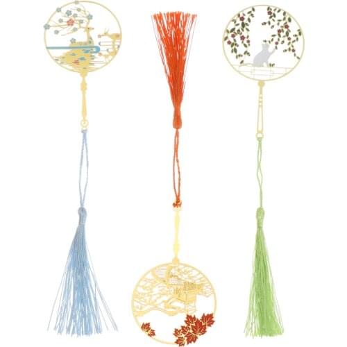 Gold Metal Group Fan Bookmark Chinese Style Vintage Chinese Architecture Bookmark Animal Tassel Book Clip Pagination Mark