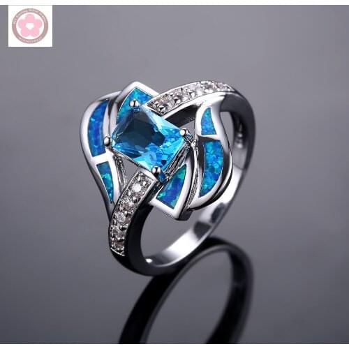 JZ0054 AAA Blue Crystal Blue Opal White Zircon Fashion Jewelry For Women Wedding Rings