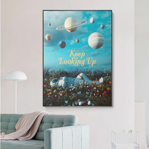 Keep Looking Up Motivational Canvas Painting Astronaut Lying in The Flowers Poster Print Wall Art Picture for Living Room Decor