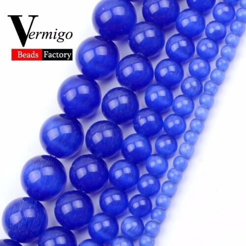 Natural Blue Cat Eye Stone Smooht Round Ball Loose Beads For Jewelry Making 6-12mm Pick Size Diy Bracelet 15"