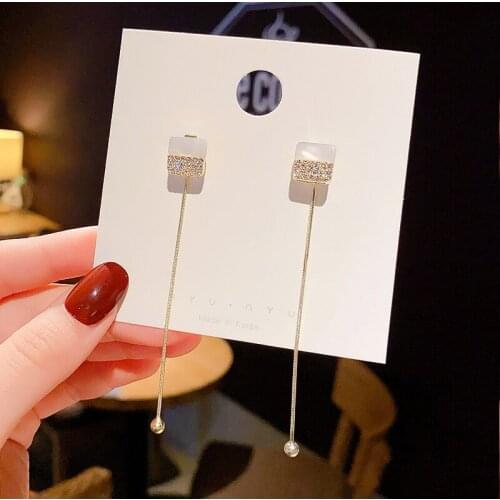 New Korean Sweet Shell Square Metal Cute Ball Tassel Long Drop Earrings For Women Elegant Stone Party Brinco Gifts