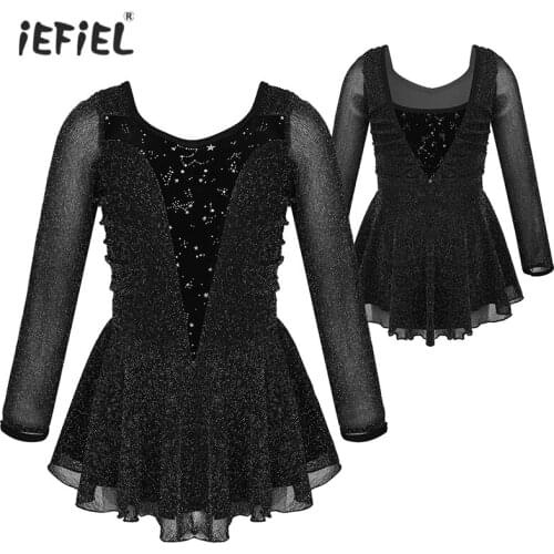 Girls Ballet Dance Dress Stretchy Long Sleeves Velvet Splice Figure Ice Skating Roller Skating Gymnastics Leotard Dress Costumes