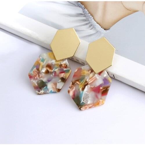 Hot Fashion Womens Vintage Simple six-sided metal earrings geometry acrylic pendant acetate plate earrings